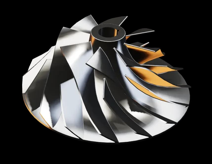 A turbocharger compressor wheel, its machined blades catching a warm rim light